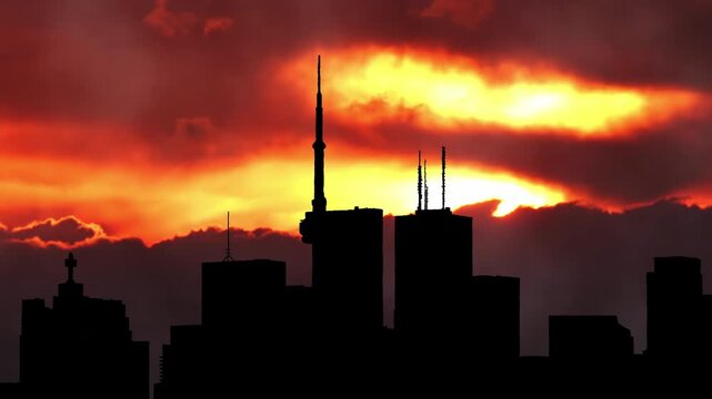 North America skyline silhouette sunset timelapse. Sun set over American downtown artistic collage. Special effects of haze. City towers and cityscape time lapse at sun set with colourful hot clouds.