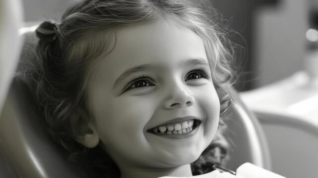 The shows a young girl with a toothache, smiling brightly despite the pain. Her eyes are closed, and she has an innocent look on her face. The background is blurred, focusing attention on her.