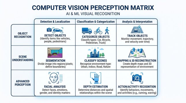 Computer Vision Perception Matrix Infographic Showing AI Object Recognition and Analysis