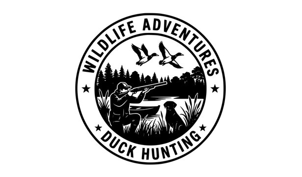 Duck hunting landscape vector illustration with black silhouette of hunter and dog in wild forest marshland on white background