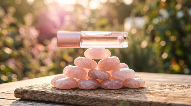 Clear Glass Lip Oil Roller Bottle Lying Horizontally on Stacked Pink Rose Quartz Stones