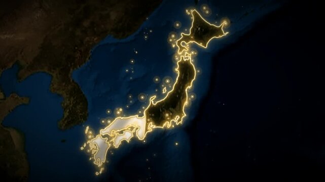 Japanese flag filling the map of Japan on a night satellite earth view with glowing city lights