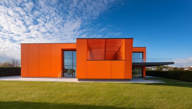modern architectural design with vibrant orange exterior and serene blue sky