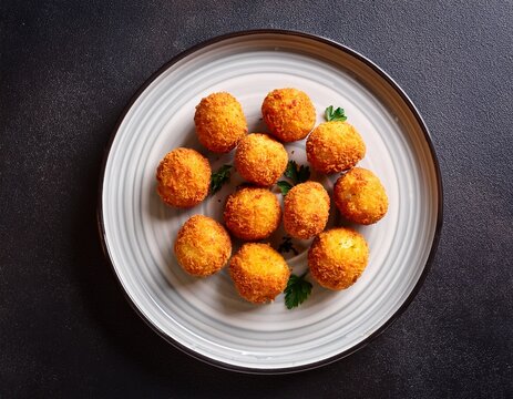fried potato croquettes on a plate top view