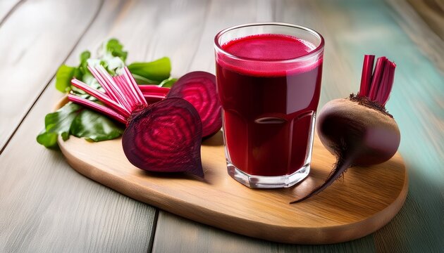 fresh beet juice in glass with sliced beetroot on wooden board