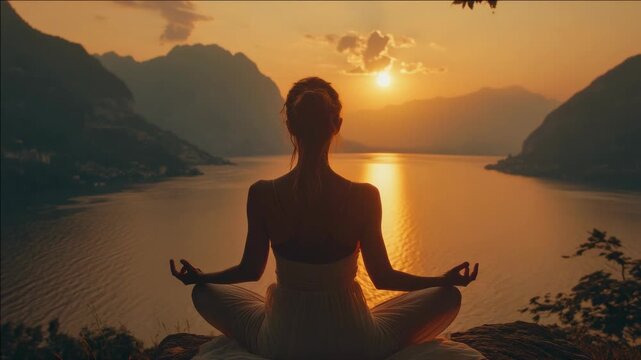A serene scene of a person meditating by a lake at sunset, with mountains in the distance and a tranquil atmosphere.
