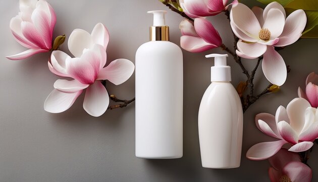 elegant spa mockup featuring magnolia blossoms and a white lotion bottle