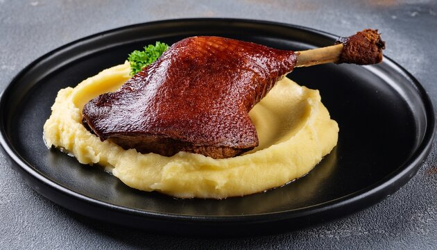 roasted duck leg served with creamy mashed potatoes on black plates