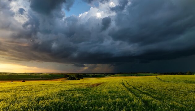 dark storm clouds gather over a green field during late afternoon in a rural area