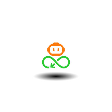 Vector illustration of infinity cycle with round arrow and robot head. Symbol of recursive self-improvement AGI technology. Icon of artificial intelligence agent.