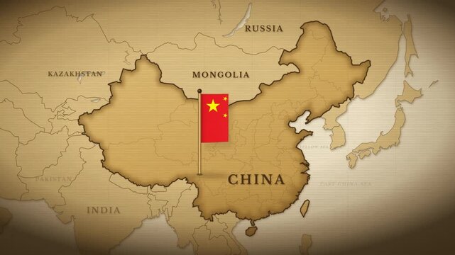 Vintage sepia map of China with a rising Chinese flag on a pole and neighboring country labels