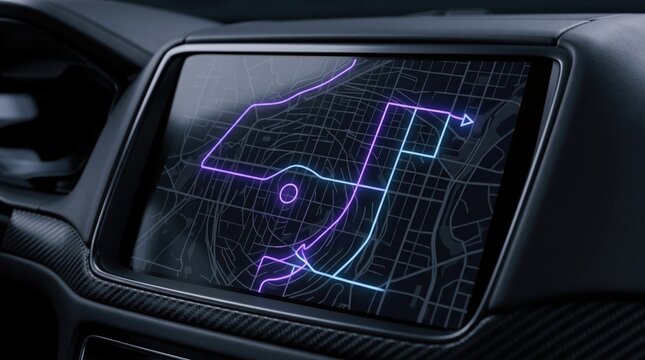 Modern Car Dashboard Displaying GPS Navigation System with Neon City Map and Route