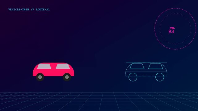 A stylized digital twins simulation features multiple pink cars moving across a dark grid while speedometer metrics track the fluctuating velocity of each individual moving vehicle
