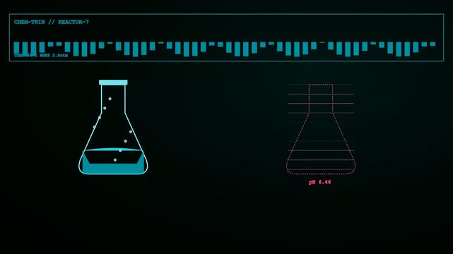 Digital twins are visualized on a screen showing flask chemical reactions with ph measurements and floating bubbles in an evolving dark interface for laboratory research