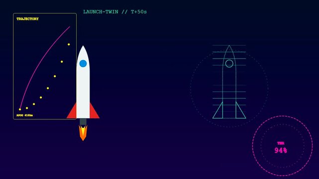 Digital twins displayed on a dark interface showing rocket propulsion statistics and trajectory curves during a simulated launch event with glowing metrics and vector line drawings