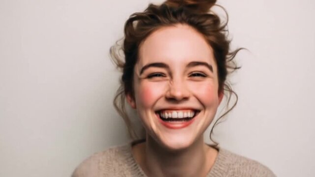 Young woman with brown hair laughing against background