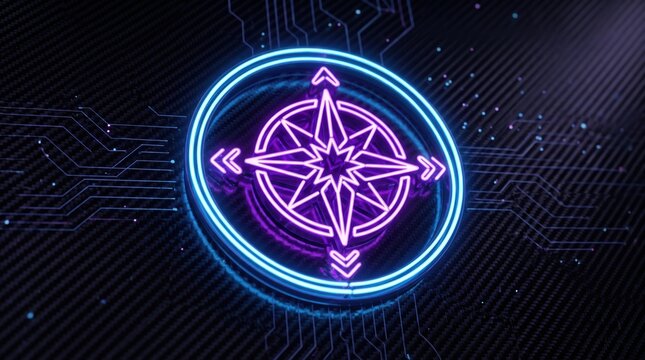 Futuristic Neon Compass Icon on Digital Circuit Board Background, Cyber Navigation Concept isolated on solid background