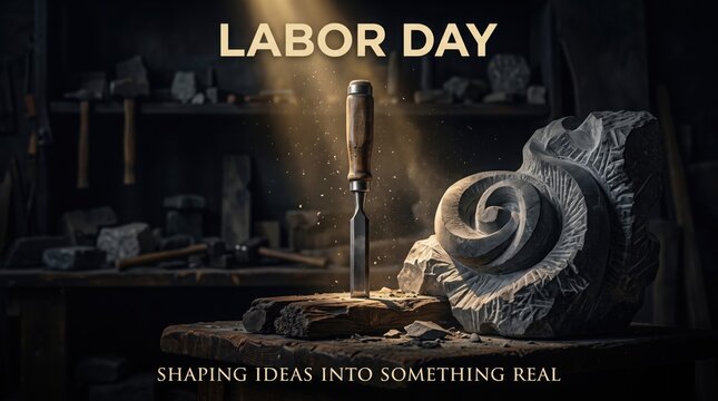 Labor Day workshop scene with stone carving chisel. Handcrafted sculpture in dark studio. Artisanal craftsmanship and manual labor concept.
