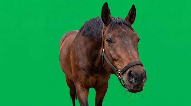 Horse Greenscreen: Realistic brown bay horse slowly approaching and sniffing the camera lens with curious behavior, isolated on chroma key background for VFX compositing.