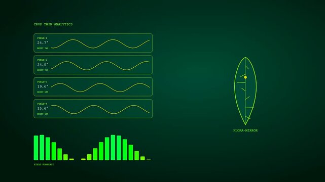 Digital twins interface showing biological growth parameters with fluctuating waveform graphs and vertical bar charts displayed on a dark green screen within a simulated science laboratory environment