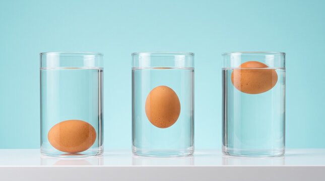 Fresh eggs show three levels of saltwater buoyancy clearly in studio