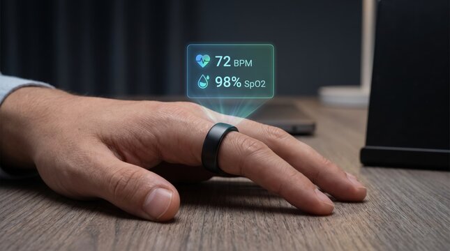 Smart ring displaying health metrics on hand.