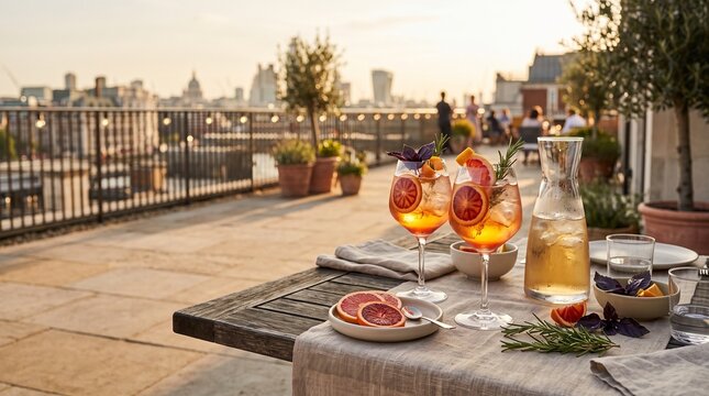 Botanical citrus aperitifs on a sunlit rooftop terrace table