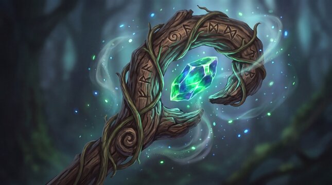 Glowing magic staff with crystal and runes in a mystical forest setting
