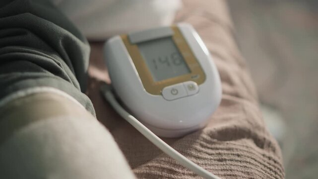 Closeup digital blood pressure monitor on arm readings escalate as caregiver checks blood pressure, nurse adjusts cuff and records values, tense home bedside atmosphere with focused monitoring