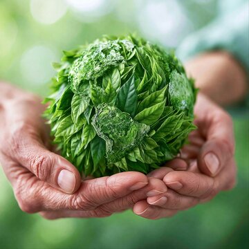 Green globe made of leaves held by hands in a natural setting during daytime