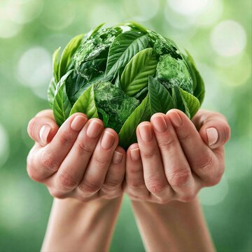 Hands hold a globe covered in green leaves in a natural setting during daylight