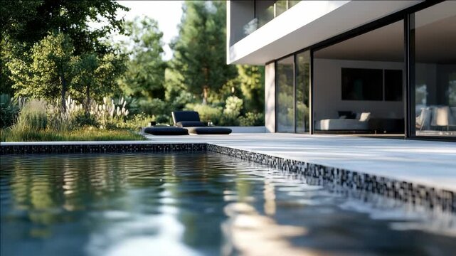 A contemporary living room with a view of the pool, featuring sleek furniture and large windows letting in natural light.