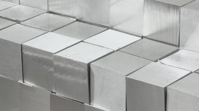 Stacked rectangular metal bars with machined surfaces in industrial storage.
