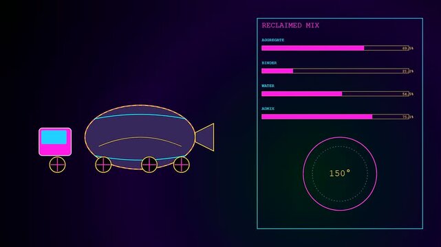 Digital concrete recycling interface displays rotating vessel with rising aggregate binder and water levels shown as pink progress bars in a dark room environment on screen