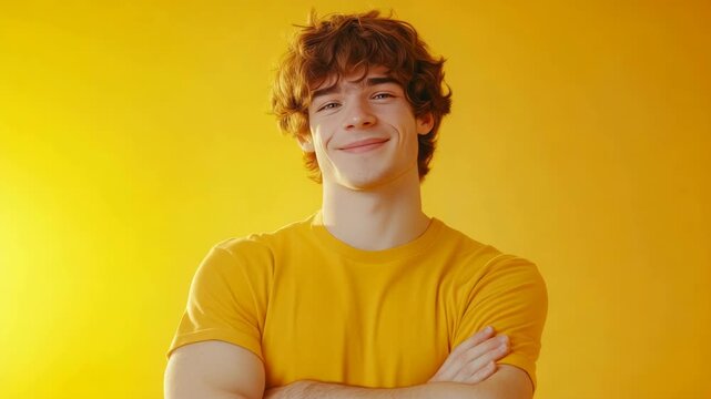 A cheerful young adult male with a bright smile against a yellow background.