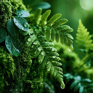 Lush green ferns and leaves with water droplets in a forest setting after rain