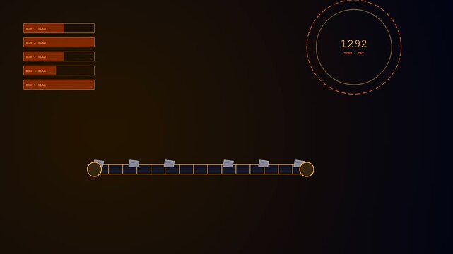 A digital display monitor for concrete recycling operations visualizes automated material sorting processes with glowing orange metric bars and linear grid movement in dark space