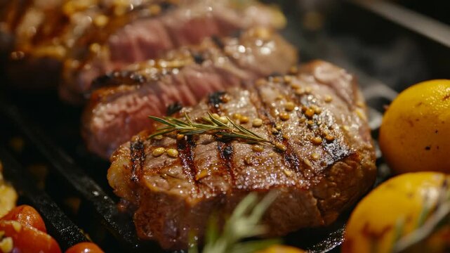 Close-up of a succulent, grilled steak covered in fresh herbs and topped with a sprinkle of seasoning, ready to be served.