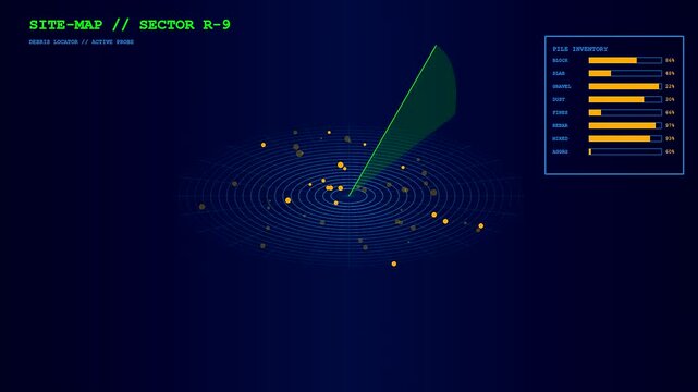 Concrete recycling data visualization displaying circular debris scanning patterns across a blue interface with dynamic progress bars showing various waste inventory levels on a digital monitor