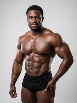 An isolated studio portrait of a muscular Black man in athletic shorts showing off his physique and abs