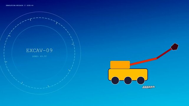 Concrete recycling is demonstrated by a digital schematic animation displaying an orange robotic machine lifting heavy debris with an articulated arm on a gradient blue field