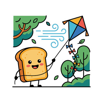 Cute toast slice character flying a colorful kite in a park vector illustration