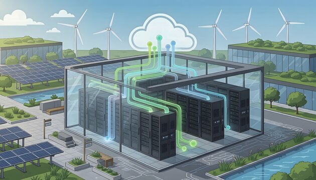 Innovative cloud computing concept featuring renewable powered hyperscale infrastructure in a modern eco friendly campus, representing environmental responsibility and enterprise technology.