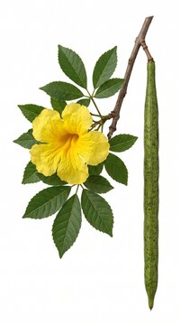 Yellow Ipe Flower and Seed Pod Botanical Isolated on White