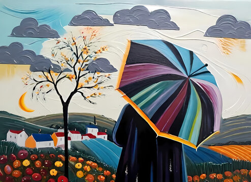 Vibrant digital painting of an elderly woman walking on a countryside path holding a purple umbrella and a basket of fruit