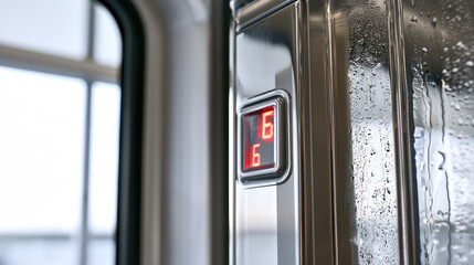 Fototapeta premium Cold chain truck digital temperature refrigerated cargo stainless steel condensation droplet chilled air macro close up bright window minimal background copy space near glowing display and glossy
