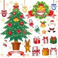 Fototapeta premium A set of Christmas illustration assets, including Christmas trees, Santa Claus, and presents.
