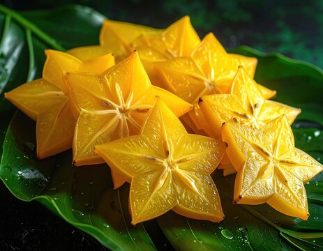 Fresh sliced carambola star fruit arranged on lush green monstera leaf, vibrant yellow exotic tropical snack, healthy food photography