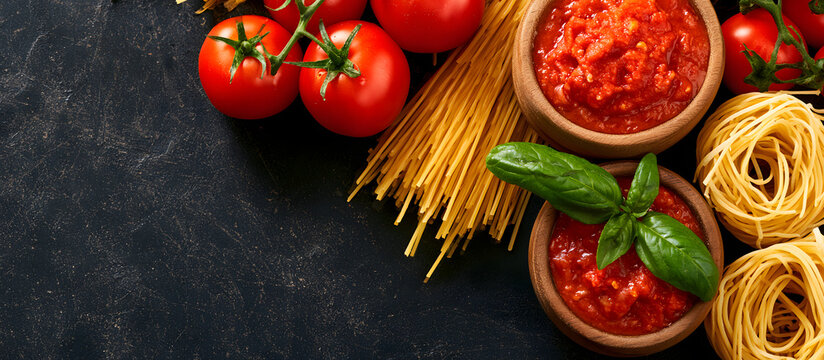 Take a photograph of the Lasagna ingredients: tomatoes, sauce, pasta, on a dark background, shot from above, providing sufficient space for your text.