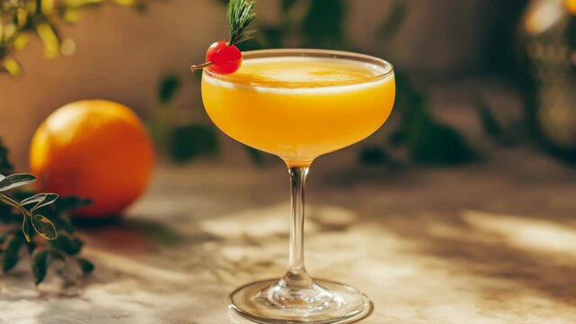 This is a refreshing cocktail garnished with an orange slice and a cherry on the rim of the glass. It's sitting on a table adorned with pineapple leaves for a tropical touch.
